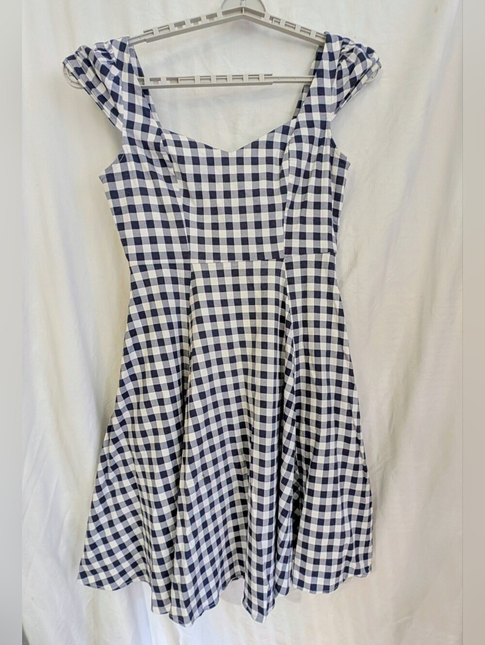 2XL Collectif Dark Blue and White Gingham Dress Swing Skirt Frilly Sleeve